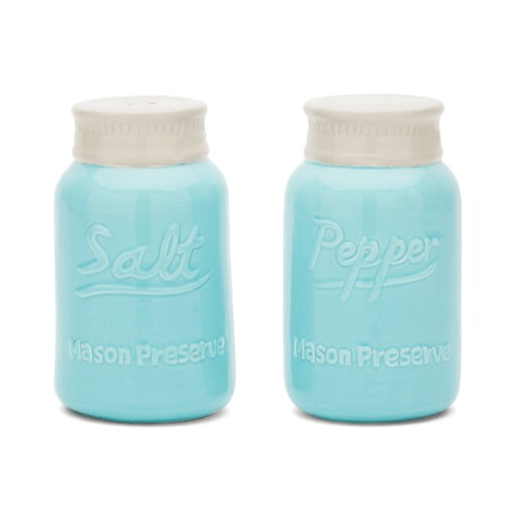 Two blue Ceramic Mason Jar Salt and Pepper Shakers against a white background