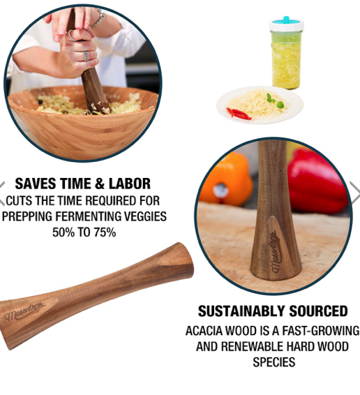 MasonTops hand-crafted acacia wood pickle packer infographic showing dimensions and sustainably sourced wood