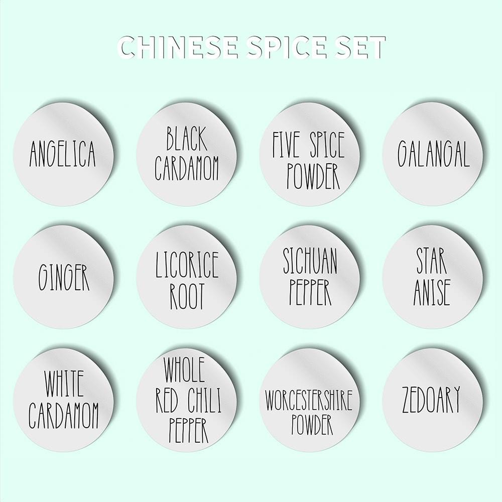 set of 12 spice labels for Chinese spices in a thin black rae dunn inspired font on a white background for wide mouth mason jars