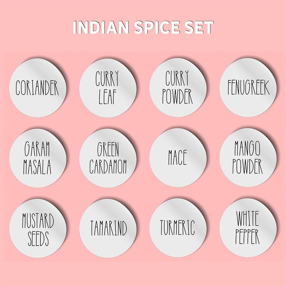 set of 12 spice labels for Indian spices in a thin black rae dunn inspired font on a white background for wide mouth mason jars