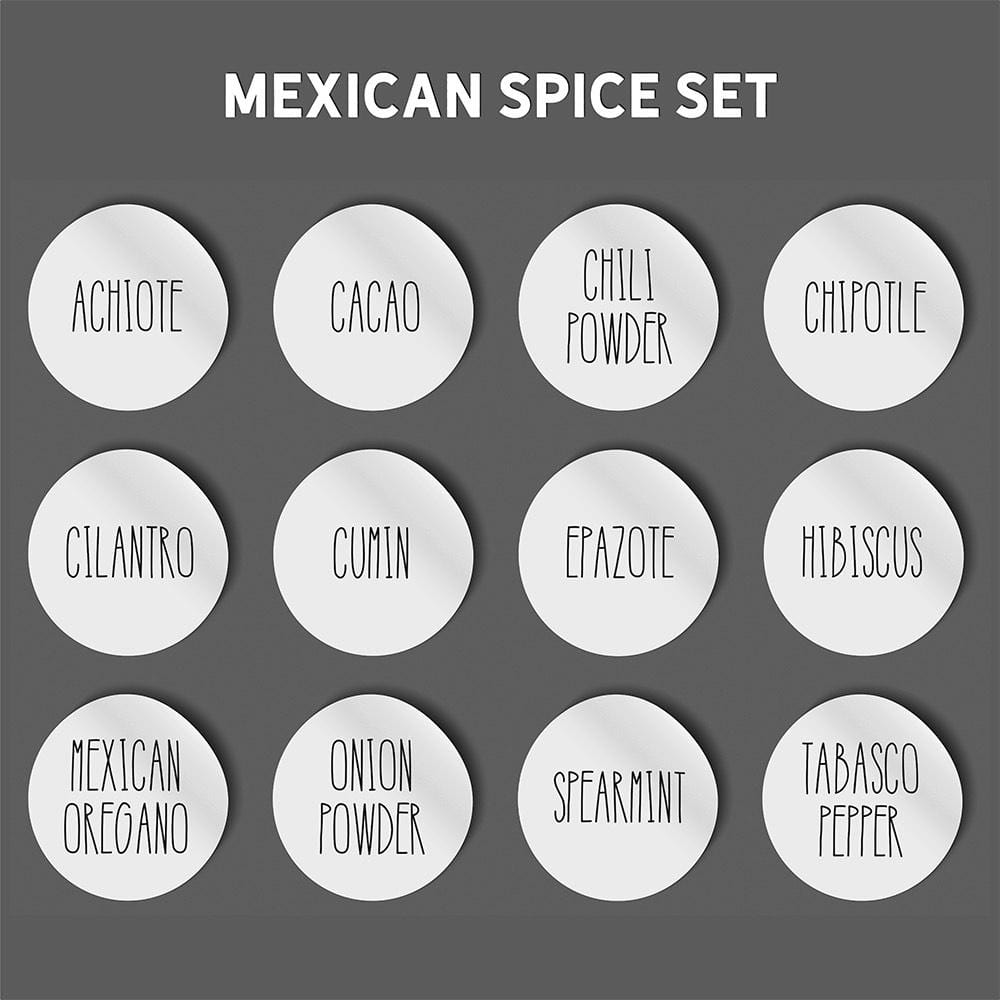 set of 12 spice labels for Mexican spices in a thin black rae dunn inspired font on a white background for wide mouth mason jars