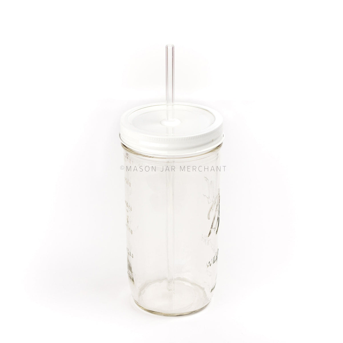 a white custom painted straw lid on a 24 oz glass mason jar with a glass reusable straw