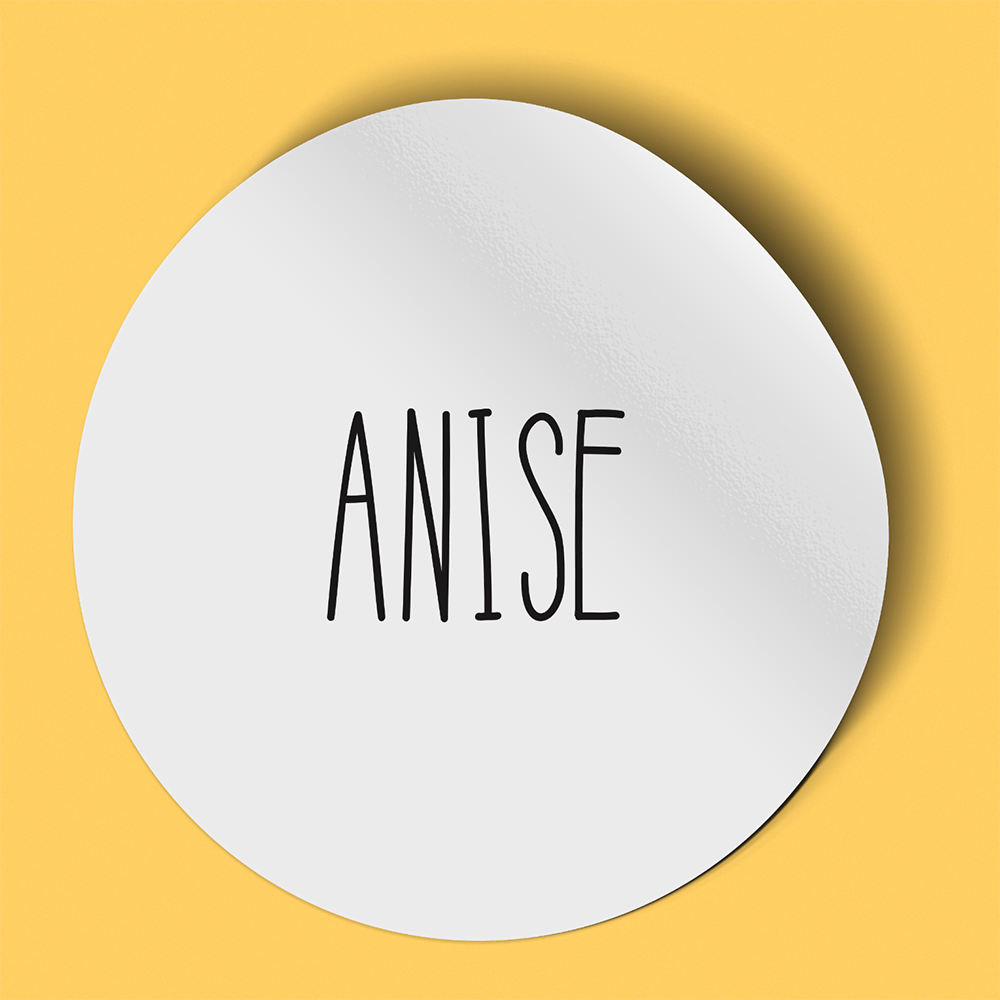 Waterproof label for anise. Photographed against an orange background.