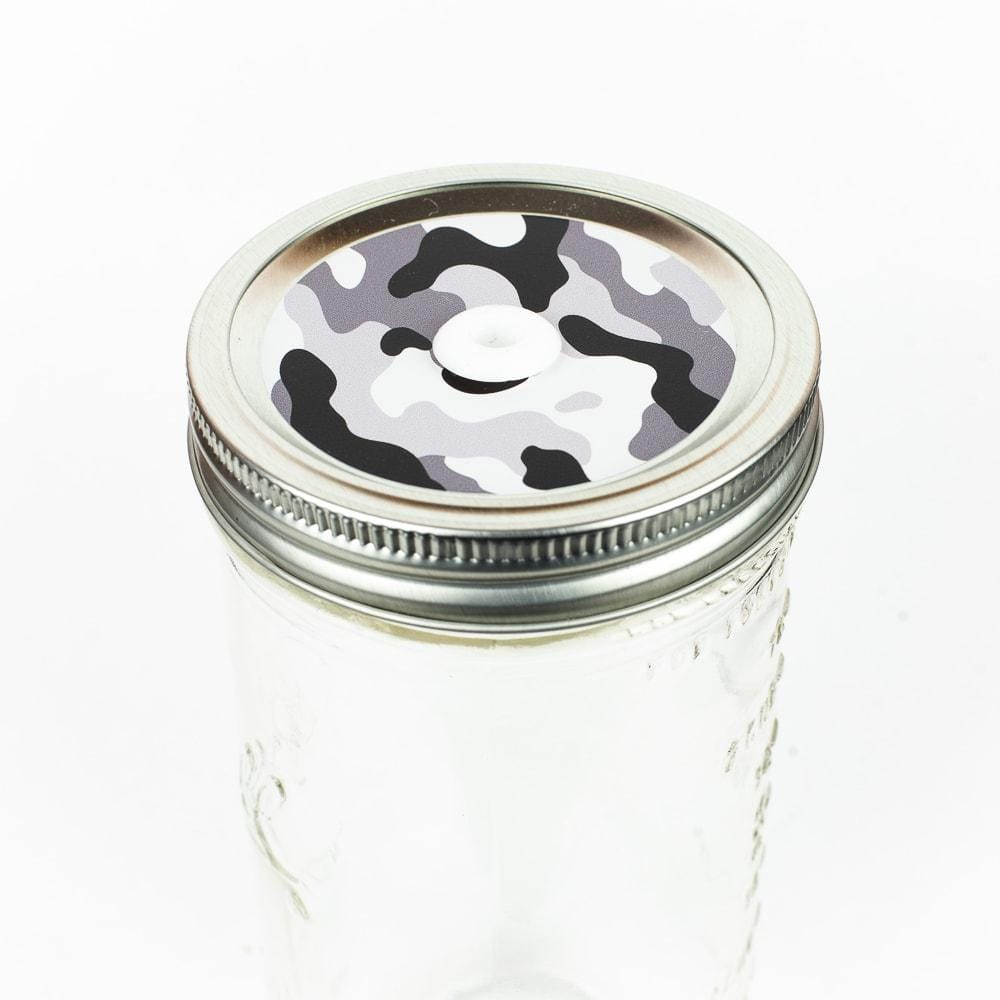 Patterned  Black and White Camouflage Mason Jar Straw Lid against a white background.