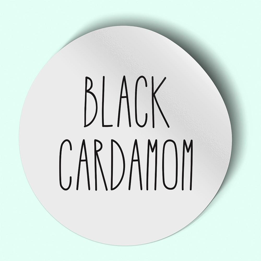 Waterproof label for black cardamom. Photographed against a white background.