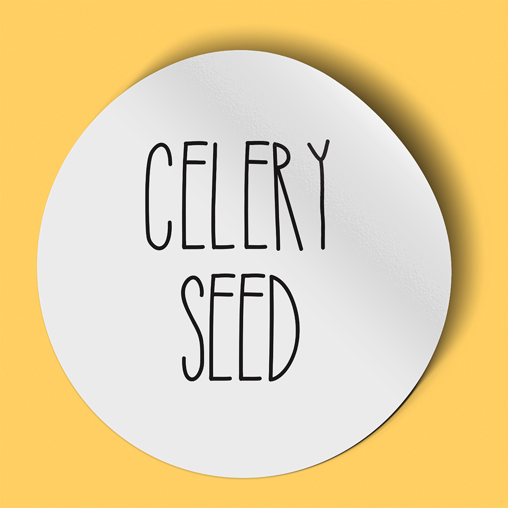 Waterproof label for celery seed. Photographed against a yellow background.