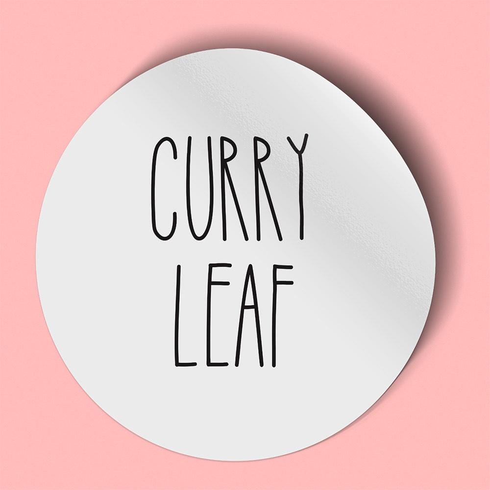 Waterproof label for curry leaf. Photographed against a pink background.