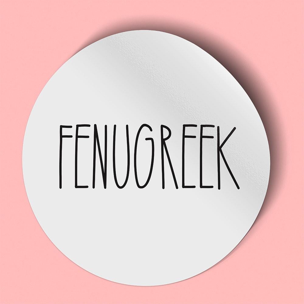 Waterproof label for fenugreek. Photographed against a pink background.