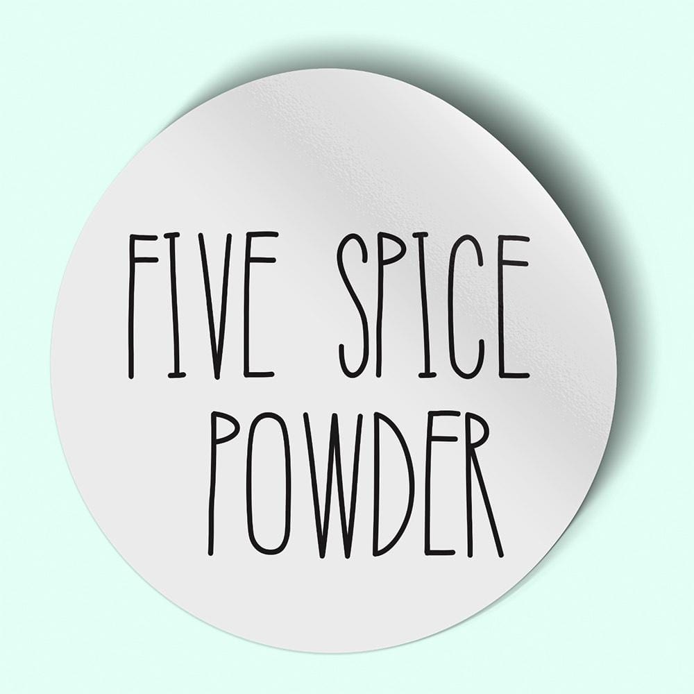 Waterproof label for five spice powder. Photographed against a cream background.