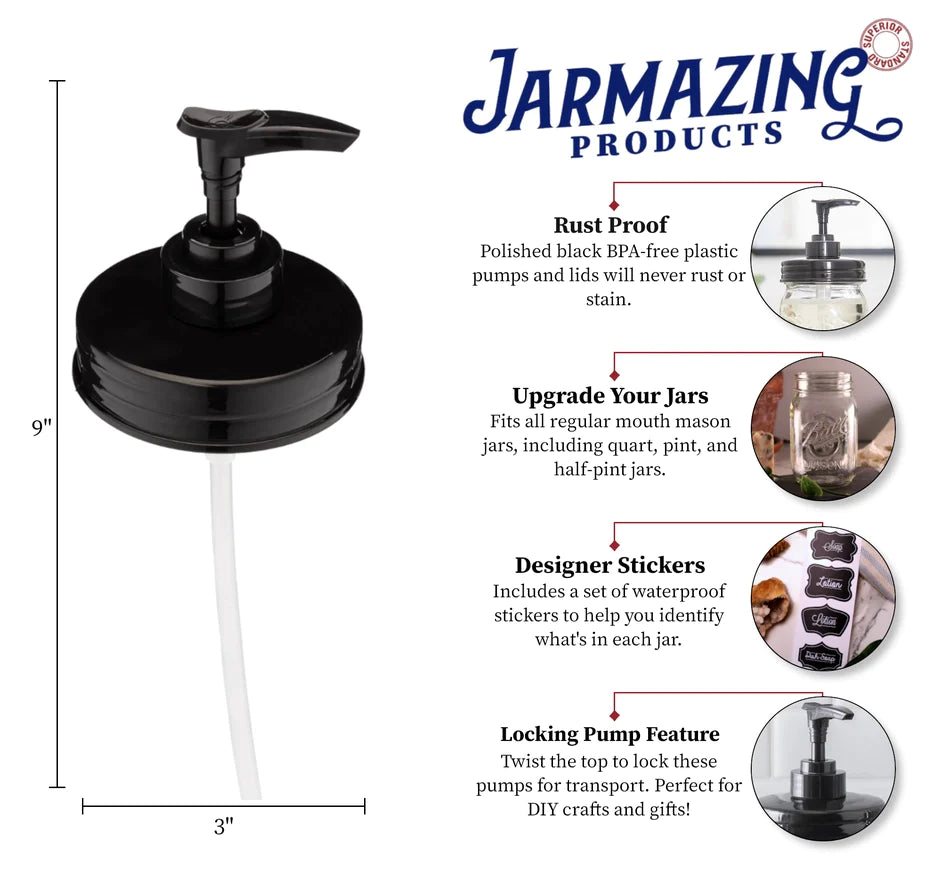 Jarmazing Mason Jar Soap Dispenser Lids - Plastic - Black | 3 Pack