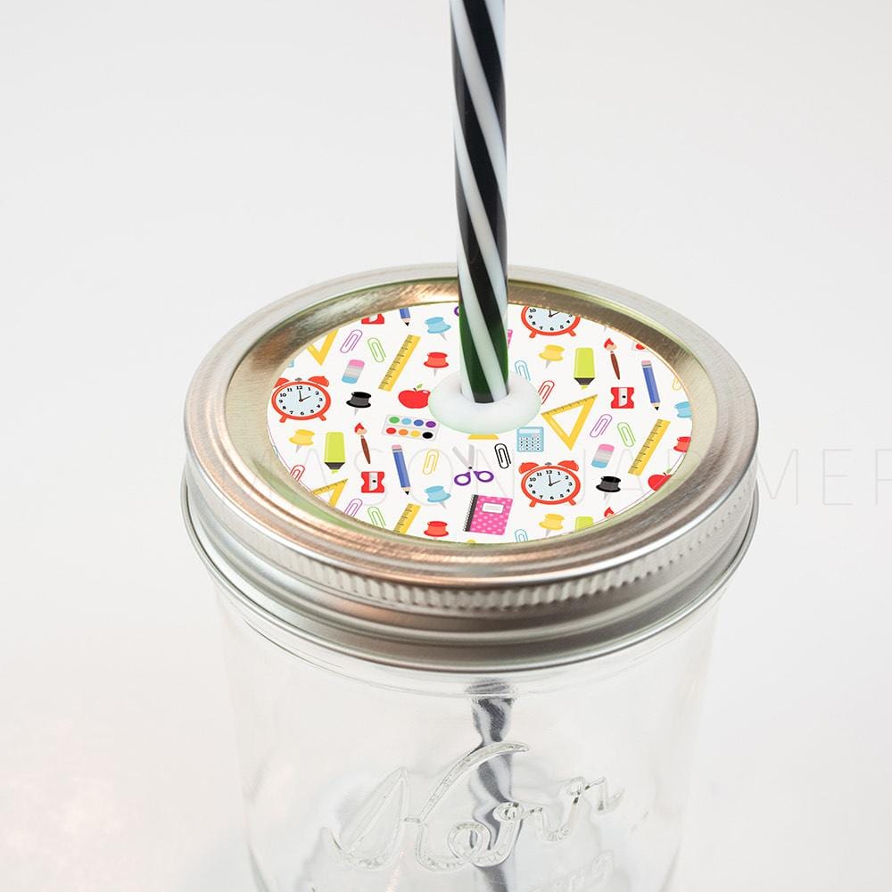 Straw lid with school supplies against white background as design on print.