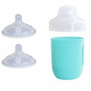 a 8 oz glass reusable mason jar with a teal silicone sleeve and a rubber top lid with two reusable silicone nipples