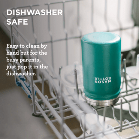 Photo of stainless steel mason bottle with straw top in forest green being dried up in dish rack.