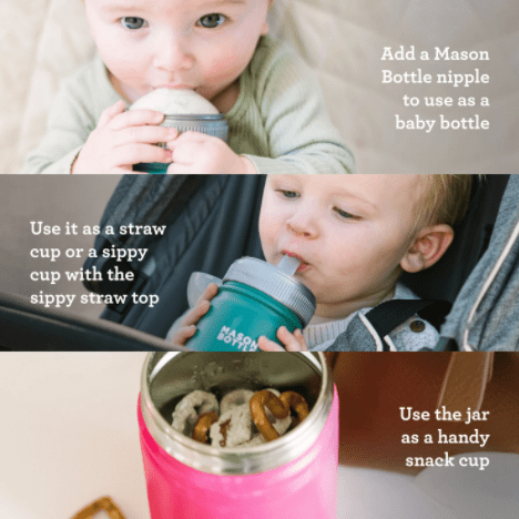 Photos of child using stainless steel mason bottle with straw top. Bottom photo in collage shows bottle being reused as a snack cup.