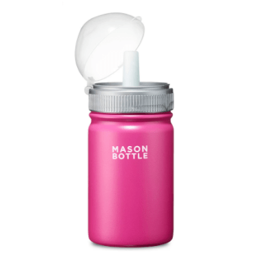 Frontal photo of stainless steel mason bottle with straw top in pink photographed against a white backdrop.