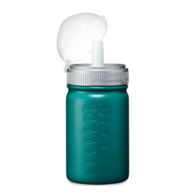 Back photo of stainless steel mason bottle with straw top in forest green photographed against a white backdrop.