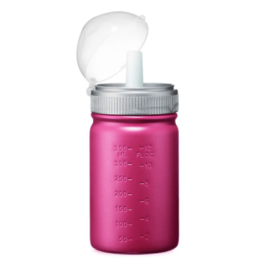 Back photo of stainless steel mason bottle with straw top in pink photographed against a white backdrop.