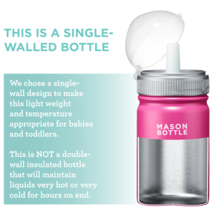 Photo of stainless steel mason bottle with straw top in pink with product info captioned in photo.