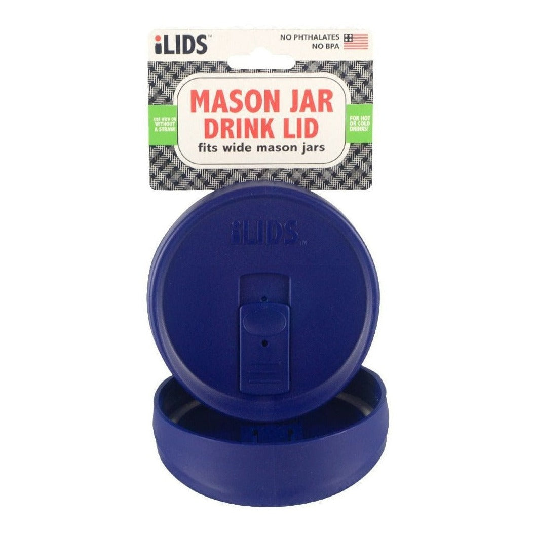 Cobalt coloured reusable drink lid for a mason jar against a white background